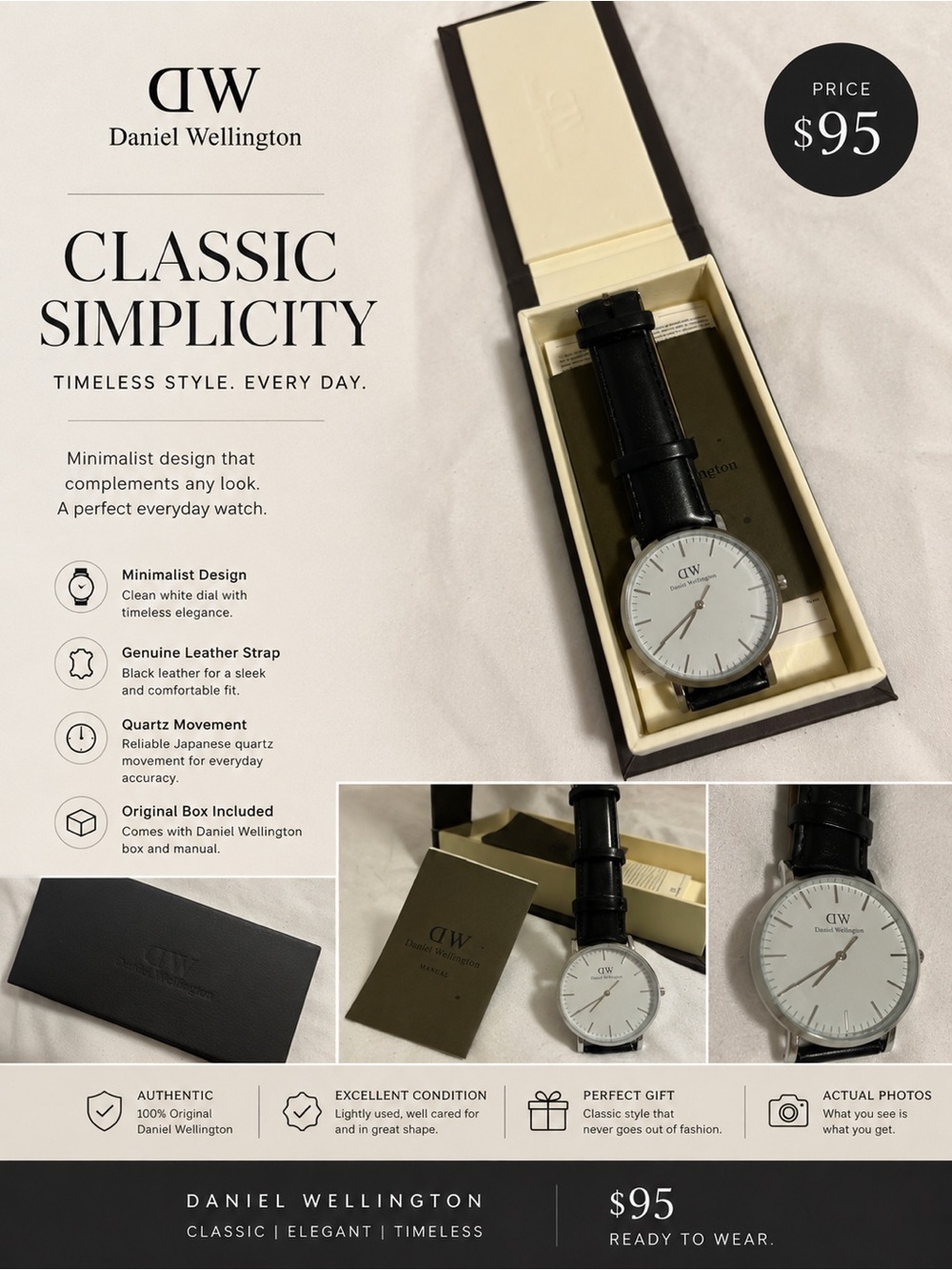 Daniel Wellington White Dial Watch with Black Leather Strap